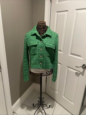 Nicole Miller Green Tweed Cropped Blazer Jacket